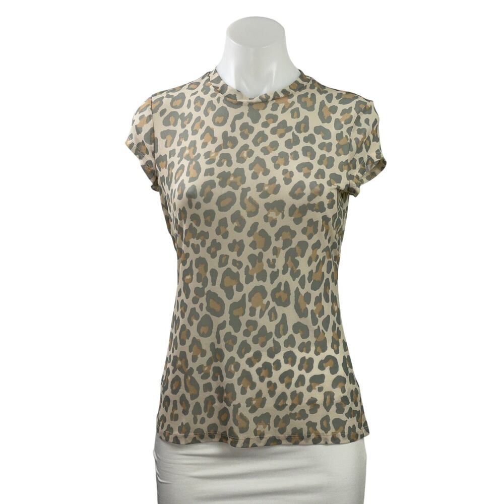 AFRM Women's Beige Leopard Animal Print Short Sleeve Crew Neck T Shirt Tee Top L
